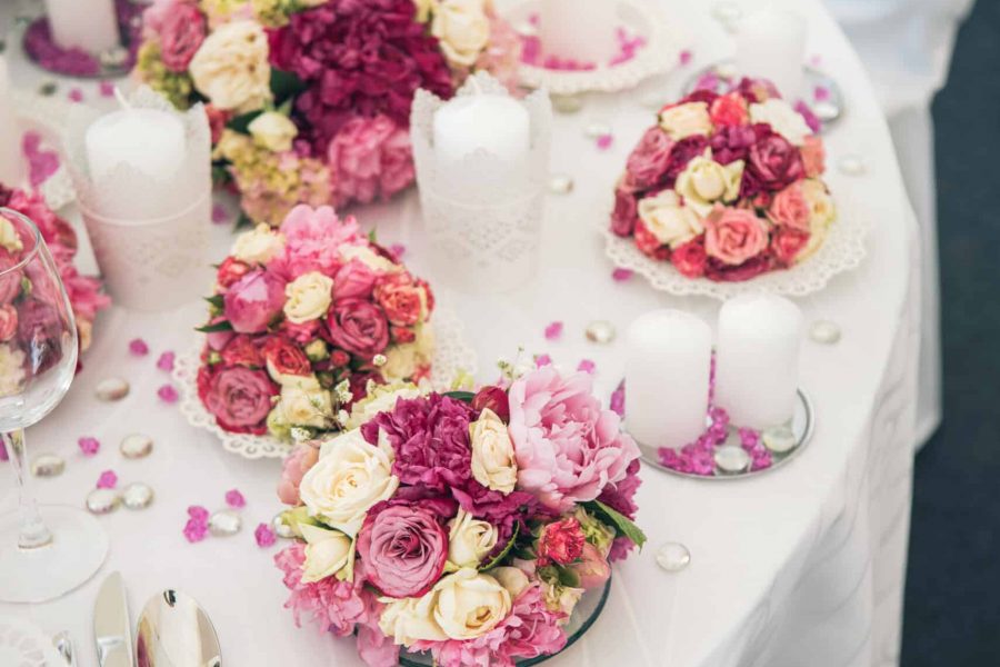Decorated wedding table in the restaurant